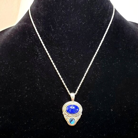 JC Sterling Silver 925 Blue Lapis Lazuli & Opal Pendant Necklace 18" Chain - Picture 1 of 16